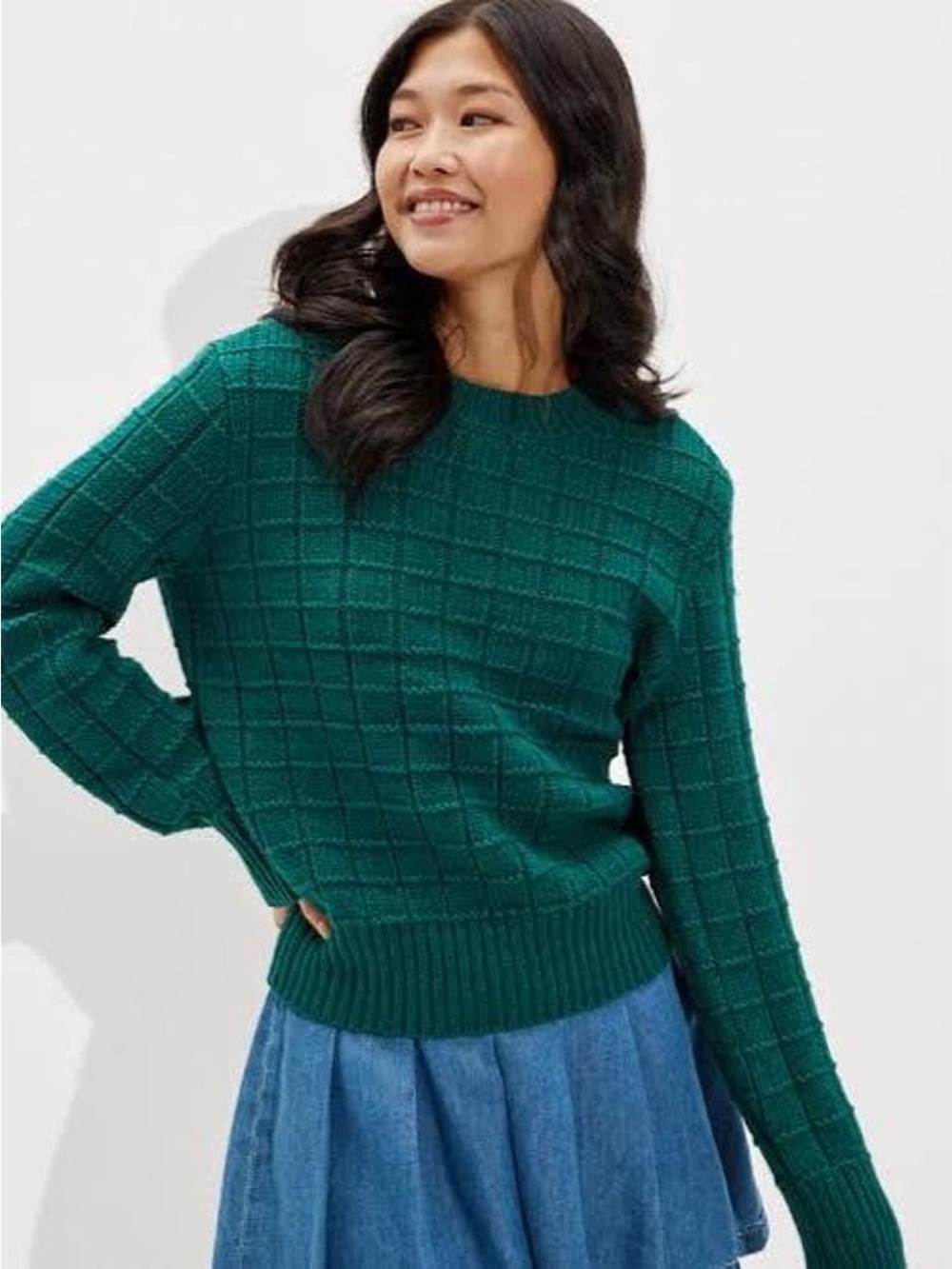 American Eagle Green Waffle Knit Crew Neck Medium Green Sweater EUC